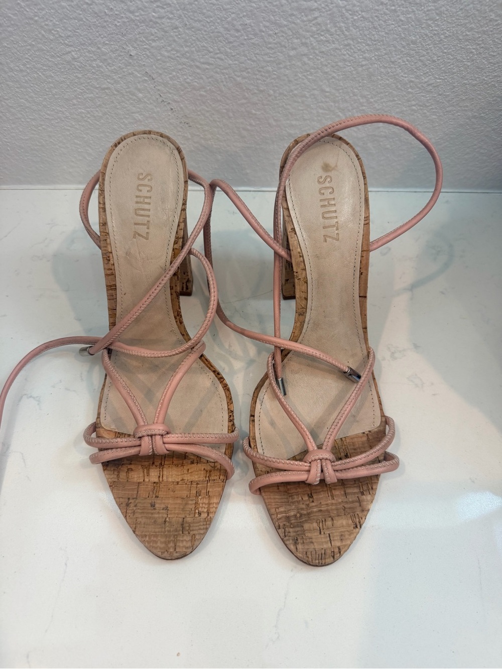 SCHUTZ Pink Cork Strappy Block Heel Sandals 11